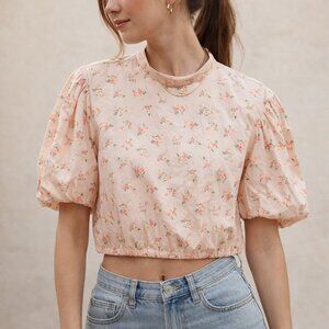 Anthropologie Crop Top Womens Size M Pink Floral Puff Sleeve Cinch Open Back NWT